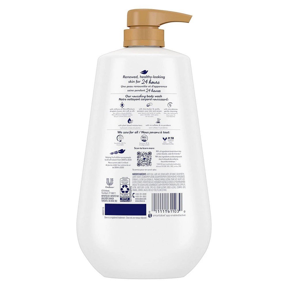 Dove Body Wash with Pump for 24hr Lotion-Soft Skin Pamper Shea Butter & Vanilla Moisturizing Skin Cleanser with No Sulfates No Parabens 905 ml, 905ml