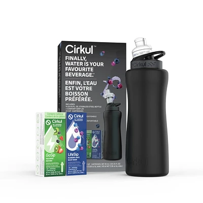 Cirkul Limited Edition 32oz Matte Black Stainless Steel Water Bottle Starter Kit with Black Lid and 2 Flavour Cartridges (LifeSip Blueberry Grape & GoSip Kiwi Berry), Cirkul 32MB SK 2C