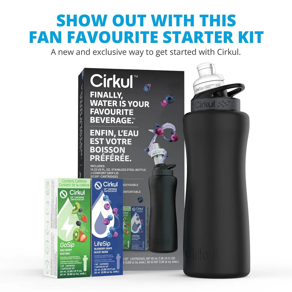 Cirkul Limited Edition 32oz Matte Black Stainless Steel Water Bottle Starter Kit with Black Lid and 2 Flavour Cartridges (LifeSip Blueberry Grape & GoSip Kiwi Berry), Cirkul 32MB SK 2C