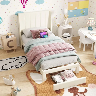 Homy Casa Kids Bed with Storage and Charging Ports 3 USB 1 Type C for Children’s Rooms, Guest rooms Nursery Spaces, Twin/ Queen, Beige/ Grey