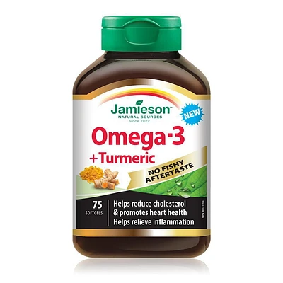 Jamieson No Fishy Aftertaste Omega-3 + Turmeric Softgels, 75 softgels