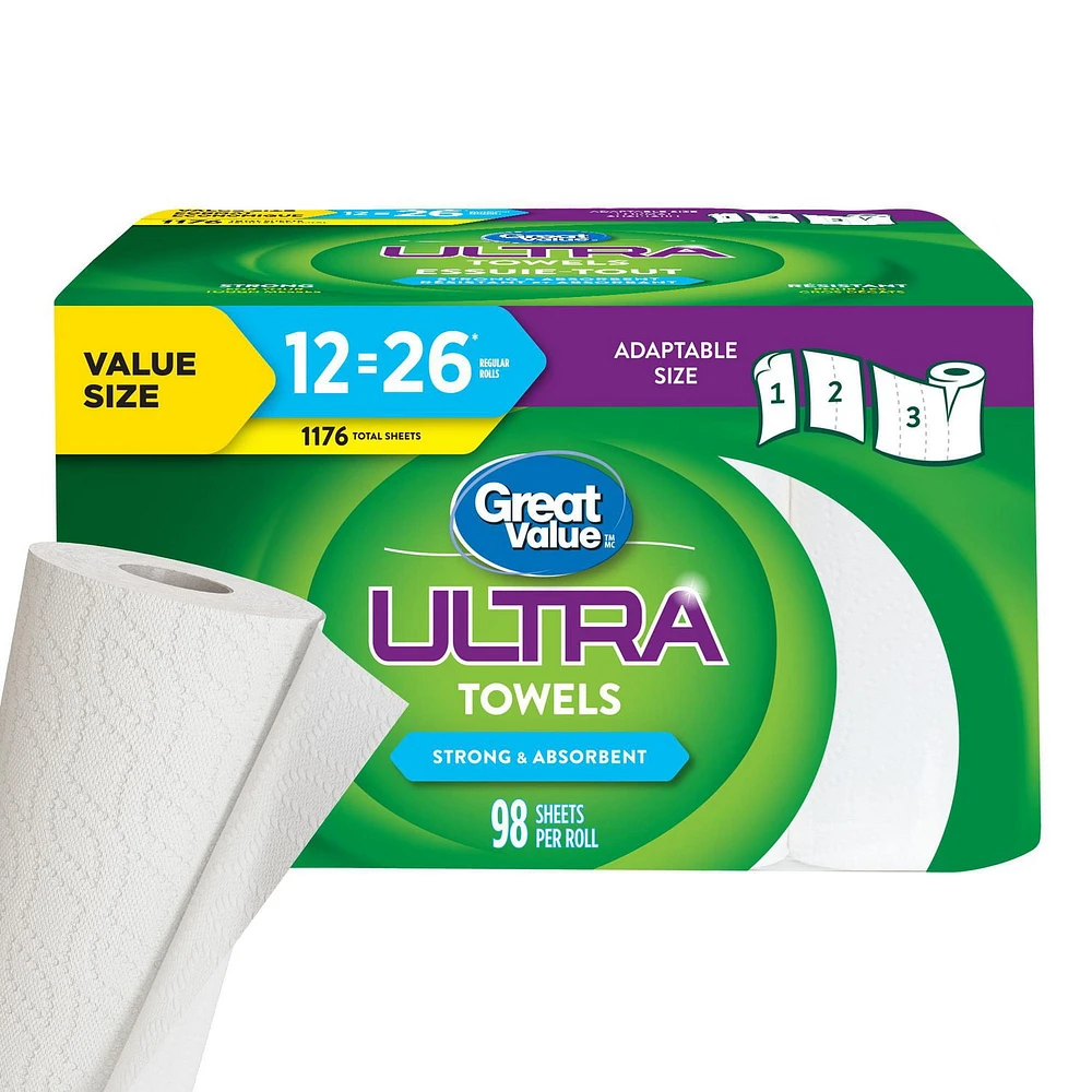 Great Value Ultra Paper Towels, 12 Equal 26 Rolls, 98 Sheets/roll, 2-ply, 98 Sheets/roll