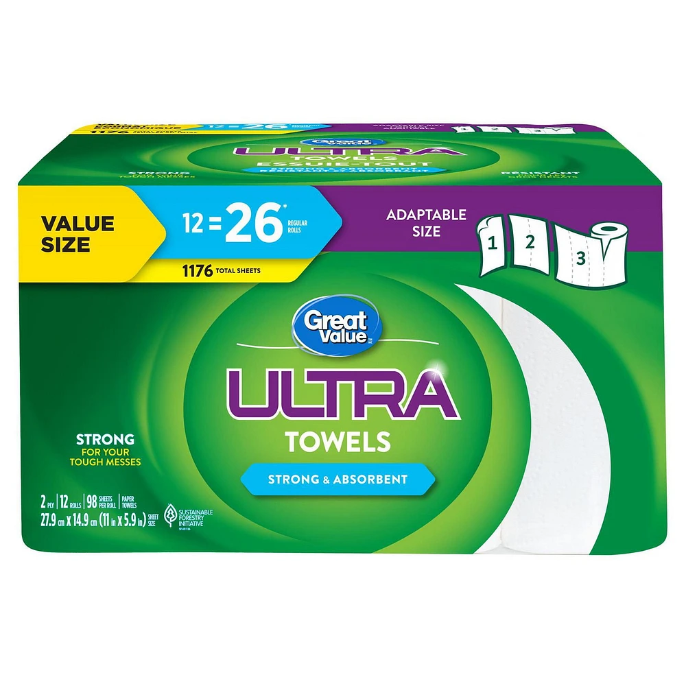 Great Value Ultra Essuie-tout, 12 équivalant à 26 rouleaux 98 feuilles par rouleau