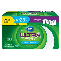 Great Value Ultra Paper Towels, 12 Equal 26 Rolls, 98 Sheets/roll, 2-ply, 98 Sheets/roll