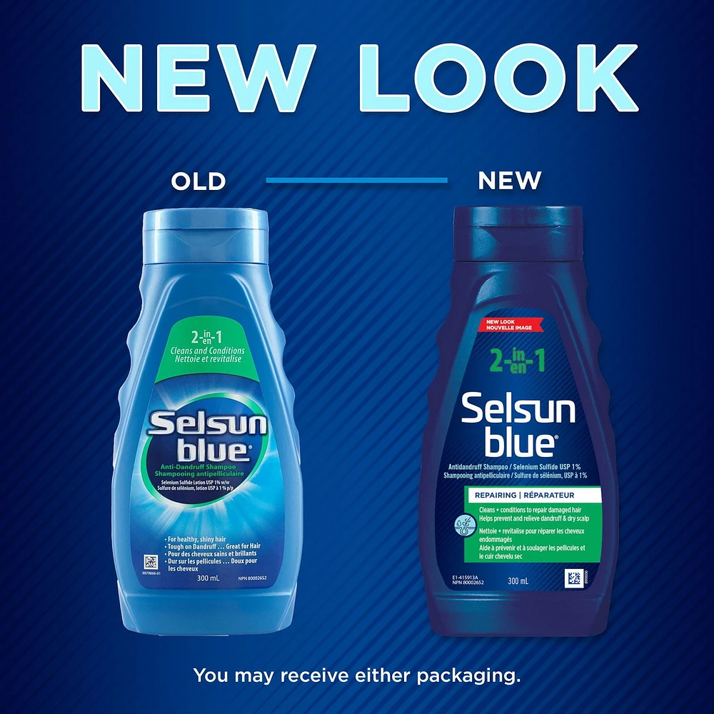 Selsun Blue Shampooing anti-pelliculaire 2 en 1, 300 ml – Aide à contrôler les pellicules, les démangeaisons et desquamation associées aux pellicules, nettoie et revitalise en une même  étape 300 ml