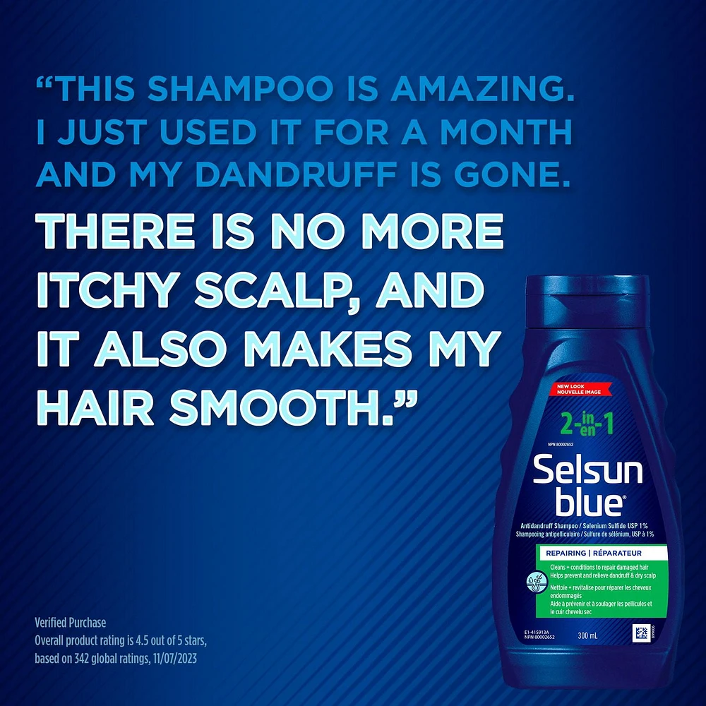 Selsun Blue Shampooing anti-pelliculaire 2 en 1, 300 ml – Aide à contrôler les pellicules, les démangeaisons et desquamation associées aux pellicules, nettoie et revitalise en une même  étape 300 ml