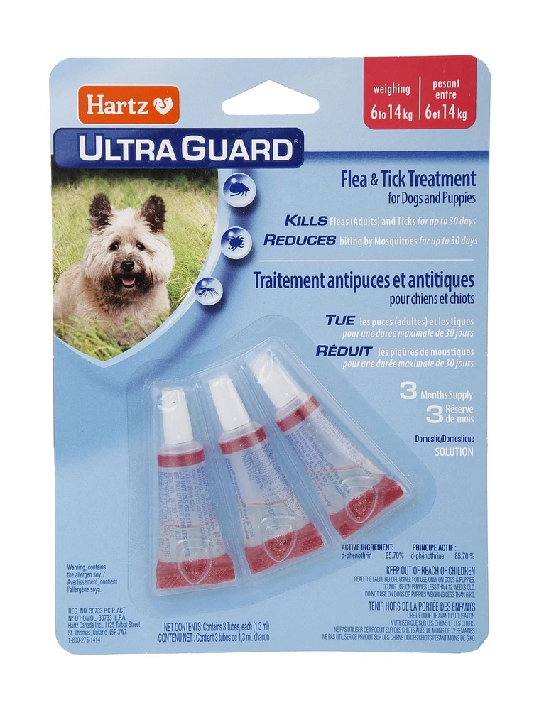 Hartz Ultraguard Flea & Tick Treatment for Dogs And Puppies 6 to 14 Kg, Each package contains 3 tubes, usage 1 tube per month.  Do not use on dogs under 12 weeks of age.