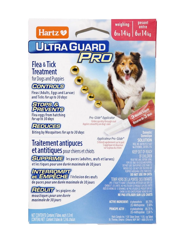 Hartz Ultraguard plus Flea & Tick Treatment for Dogs And Puppies 6 to 14 Kg, Each package contains 3 tubes, usage 1 tube per month. Do not use on dogs under 12 weeks of age.
