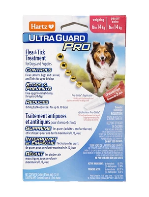 Hartz Ultraguard plus Flea & Tick Treatment for Dogs And Puppies 6 to 14 Kg, Each package contains 3 tubes, usage 1 tube per month.  Do not use on dogs under 12 weeks of age.