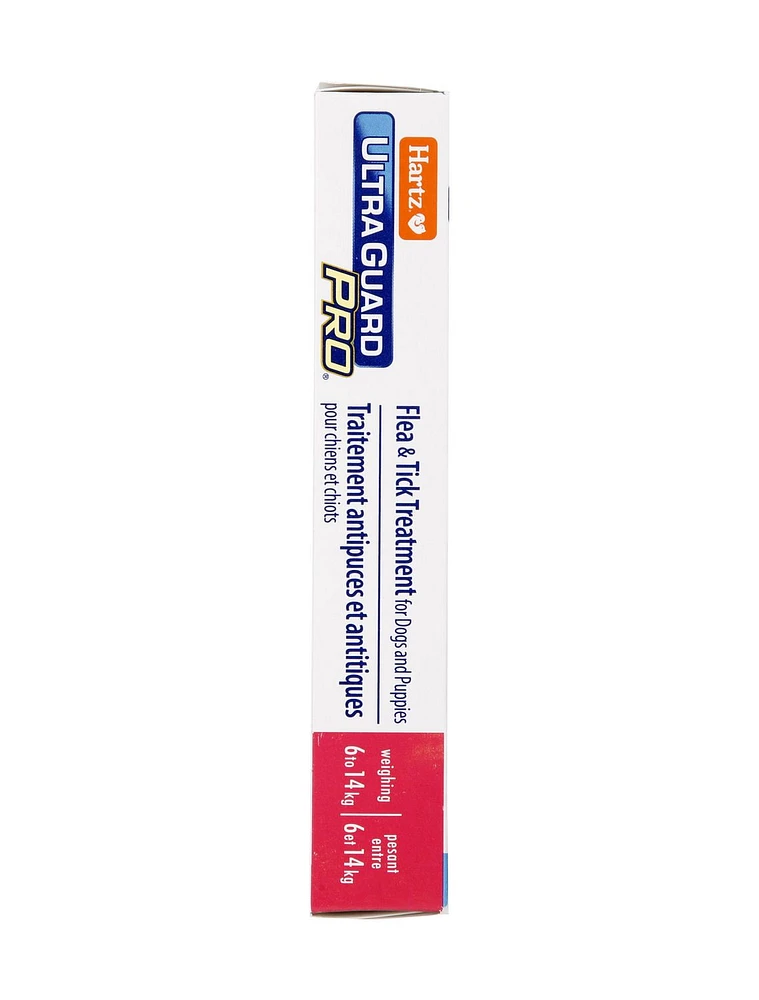 Hartz Ultraguard plus Flea & Tick Treatment for Dogs And Puppies 6 to 14 Kg, Each package contains 3 tubes, usage 1 tube per month.  Do not use on dogs under 12 weeks of age.