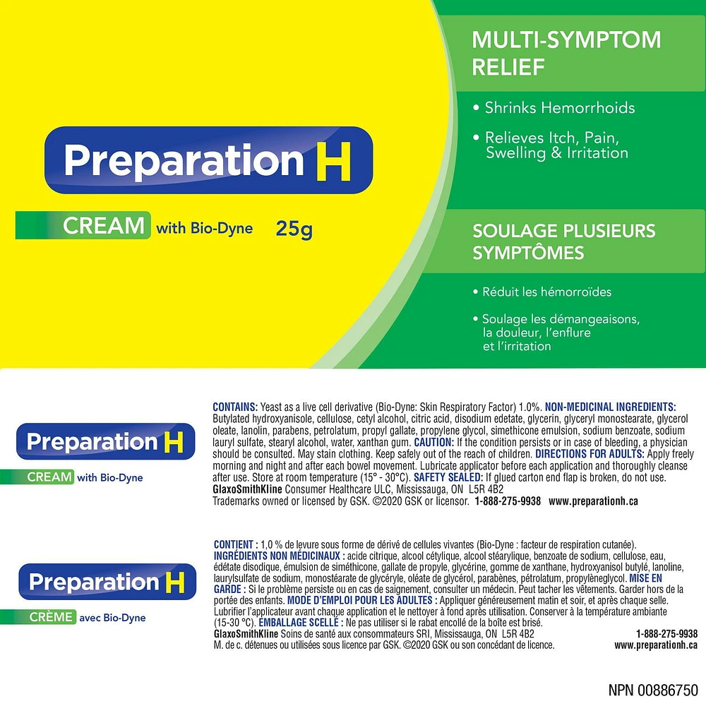 Preparation H® Multi-Symptom Hemorrhoid Treatment Cream with Bio-Dyne, 25g Tube, 25 g