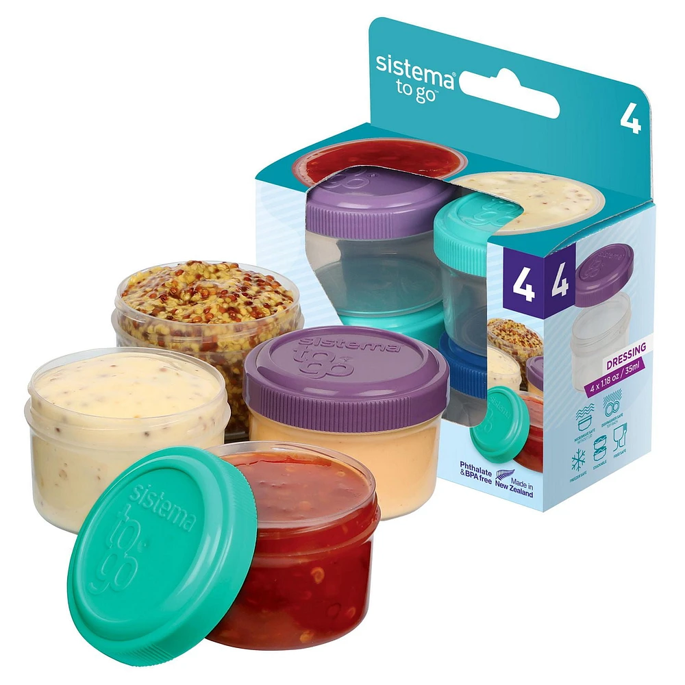 Sistema Dressing Pots TO GO, Food Container Sauce Pots with Lids, 35ml., BPA-Free, Blue, Green, Pink & Purple Lids, 4 Count, 35ml, Set of 4