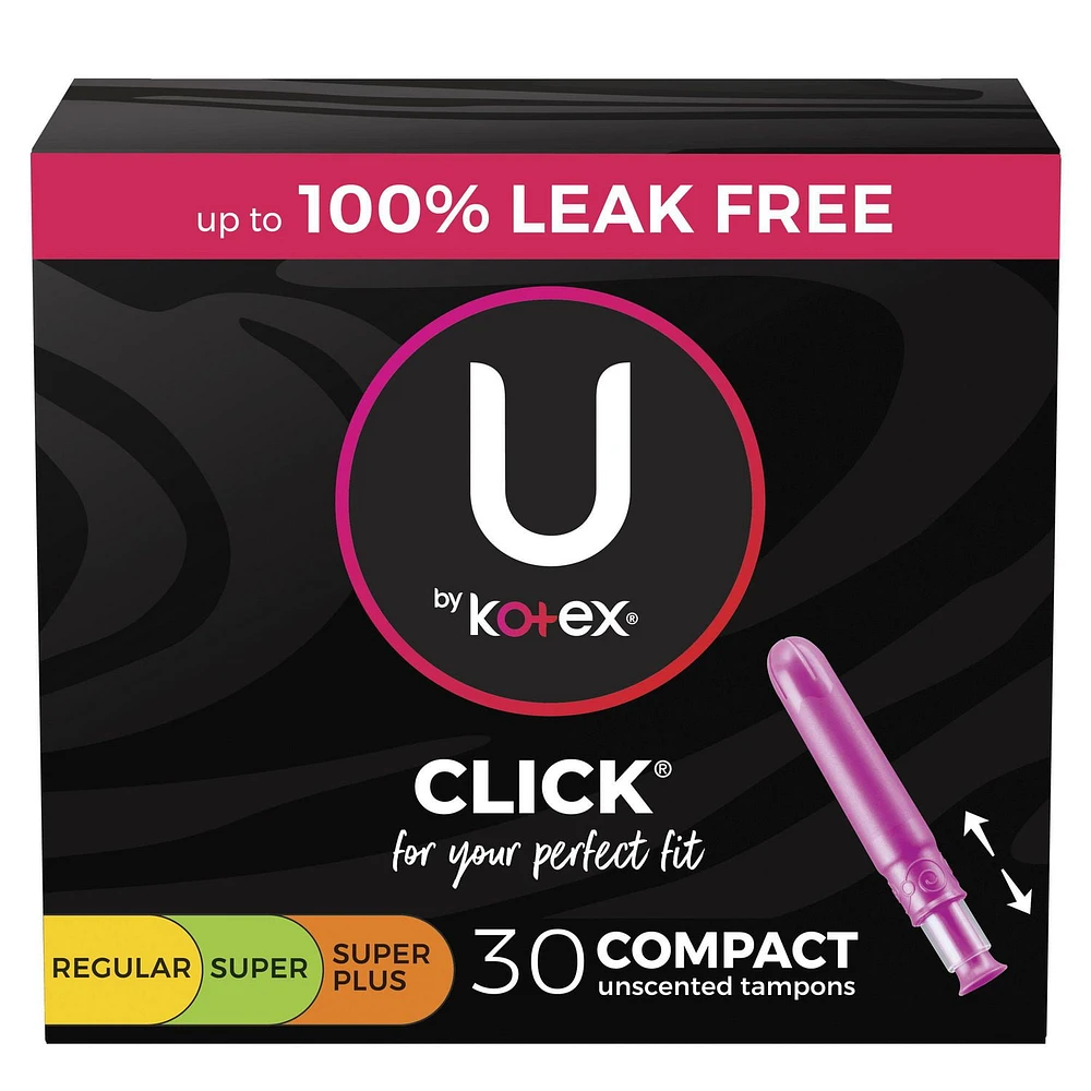 U by Kotex Tampons Multipack Compacts Click Régulier/super/super Plus, Non Parfumés 30 Unités
