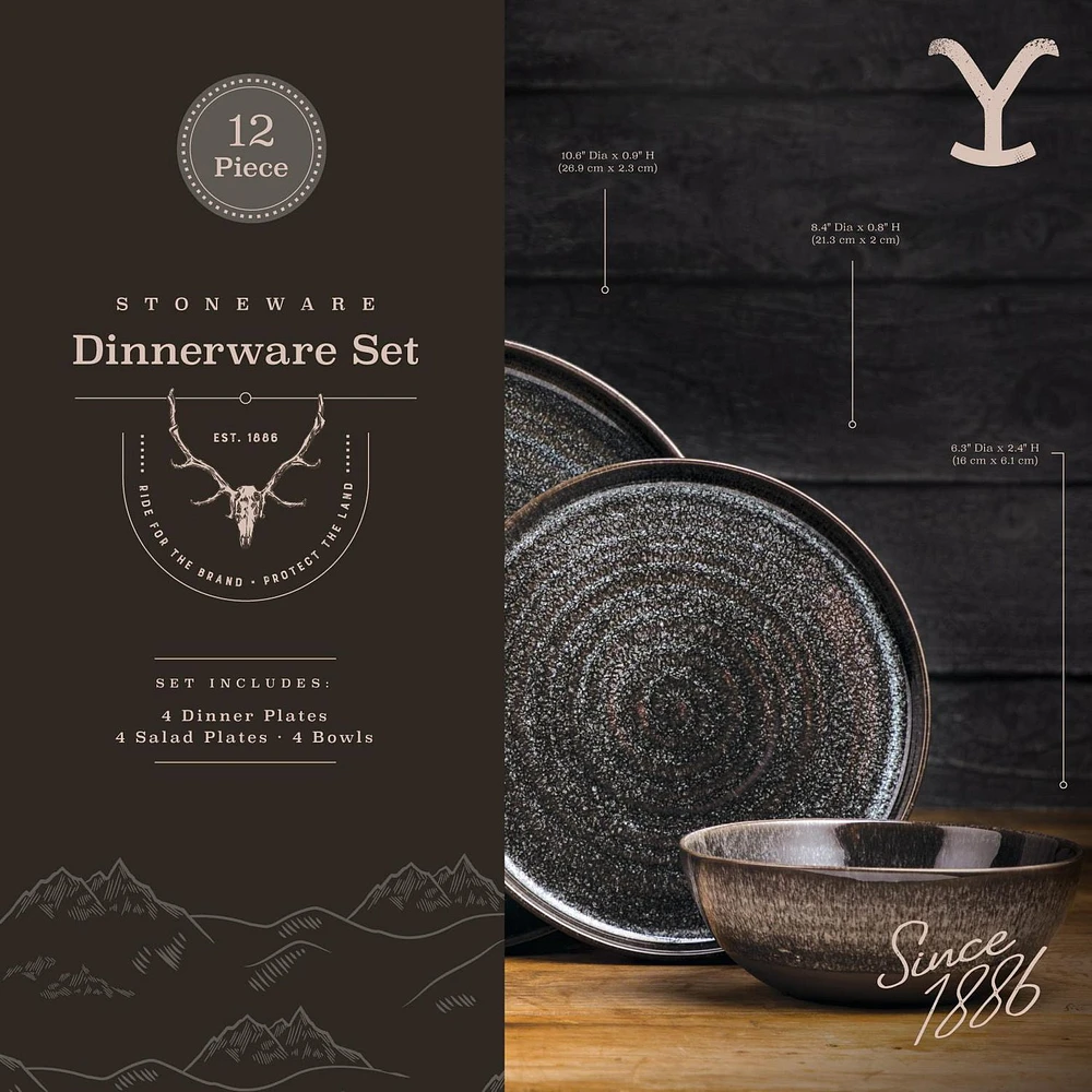 Yellowstone 12-Piece Ceramic Dinnerware Set, Rip Collection, Dinnerware