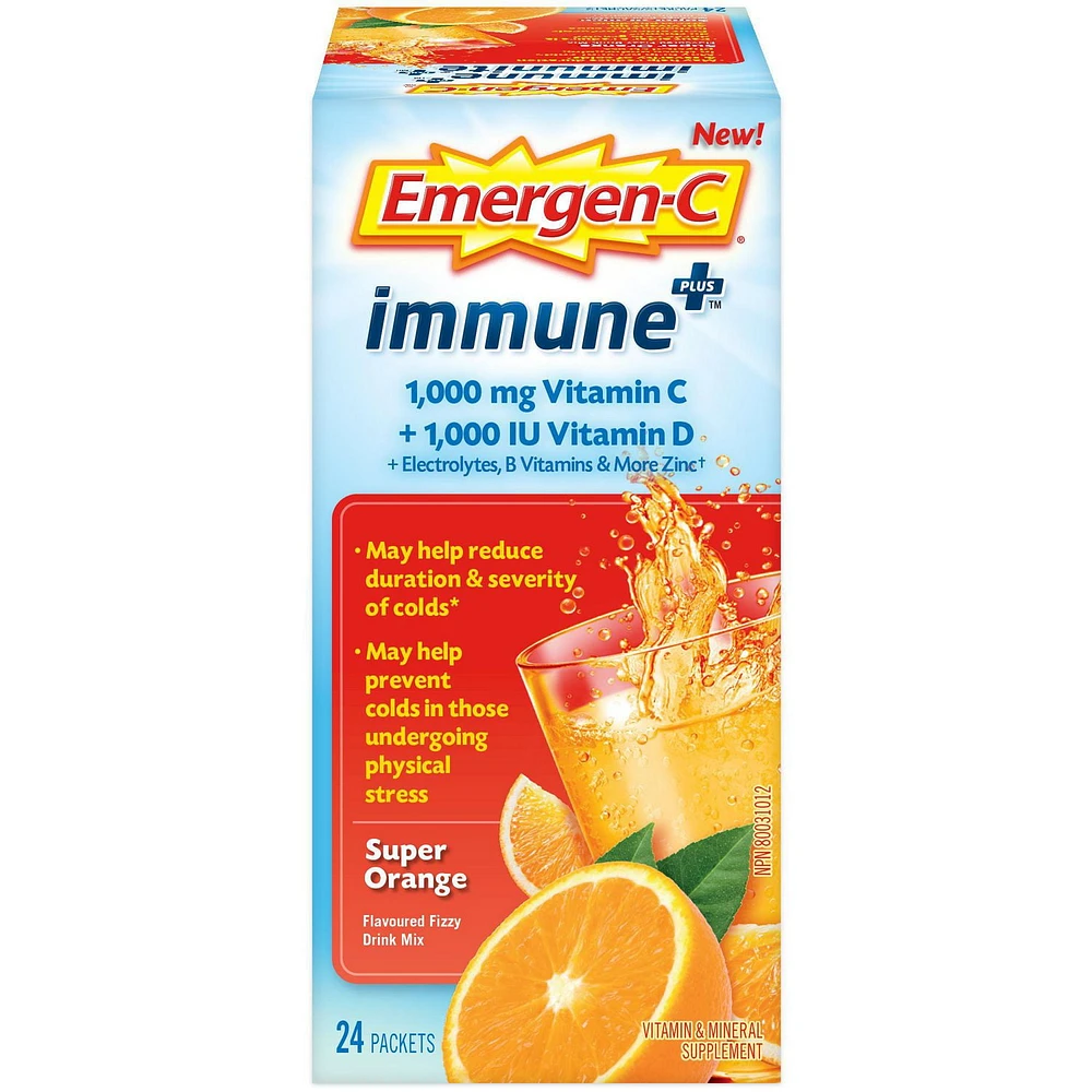 Emergen-c Emergen-c Super Orange Immune+ (24 Count), 1000mg Vitamin C/B Vitamins Mineral Supplement 12 Count, 24 packets