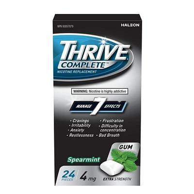 Thrive Complete Gum 4mg Extra Strength Nicotine Replacement., Spearmint, 24 count