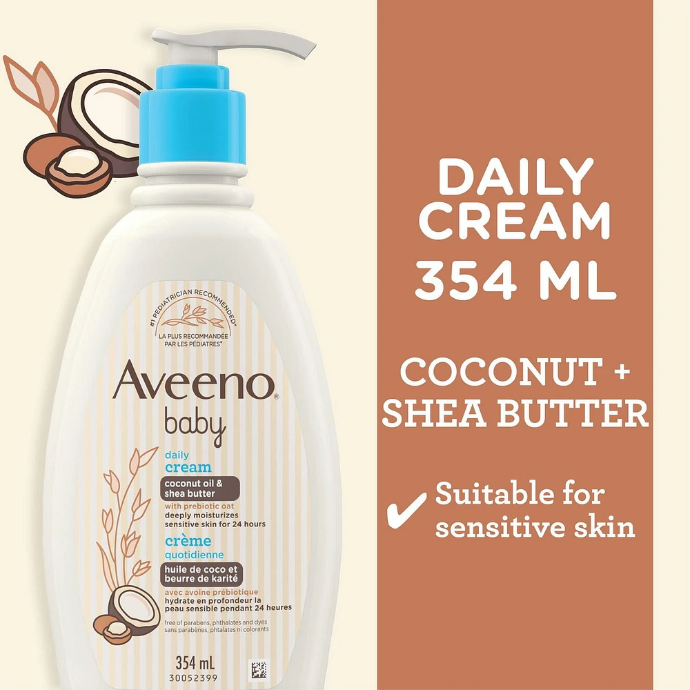 Aveeno Baby Daily Moisturizing Cream, Lightly Scented, Shea Butter, Coconut Oil, Prebiotic Oat, Hypoallergenic, 354 mL