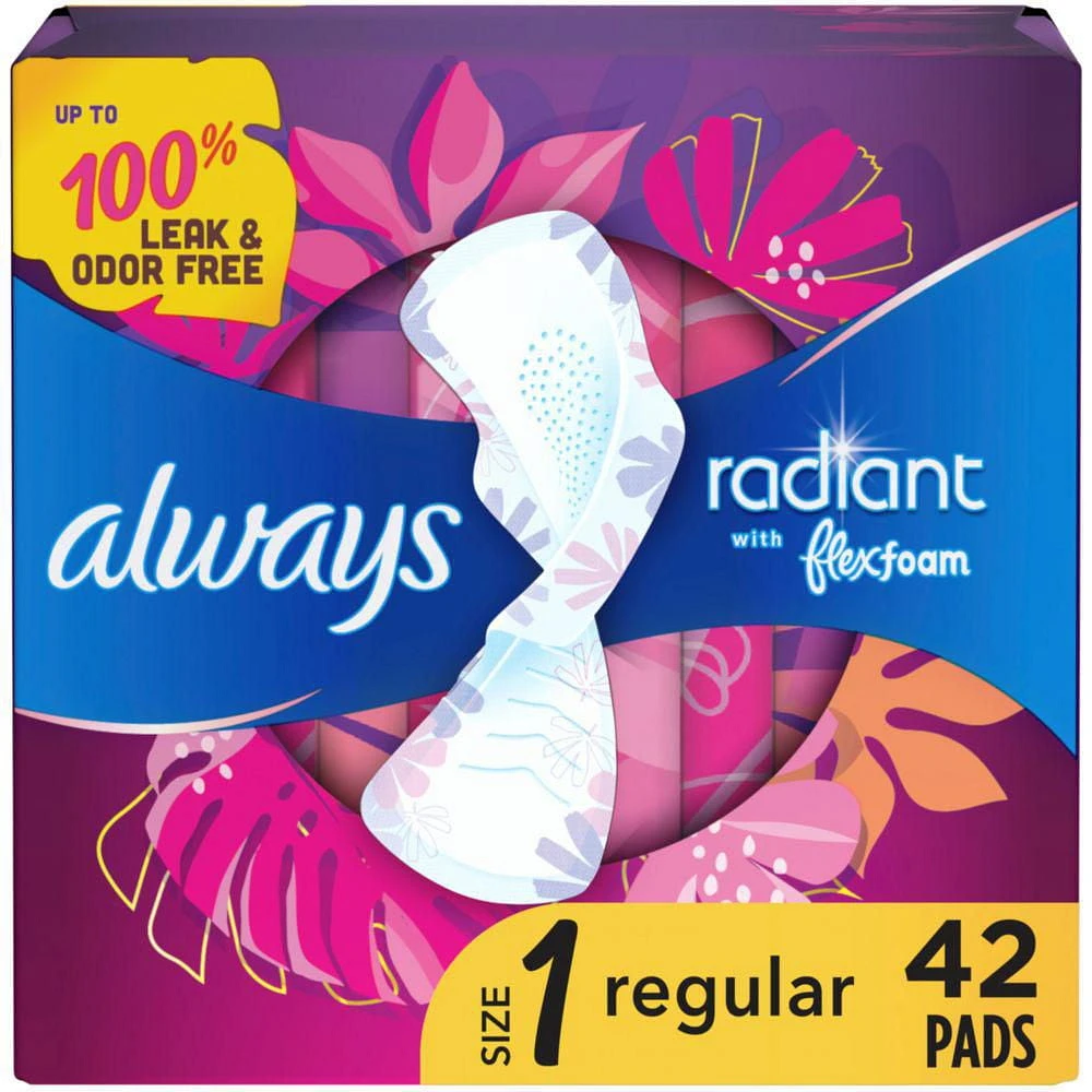 Serviettes Always Radiant, régulières, avec ailes, pour femmes, taille 1, parfum net et léger, 42 serviettes 42CT