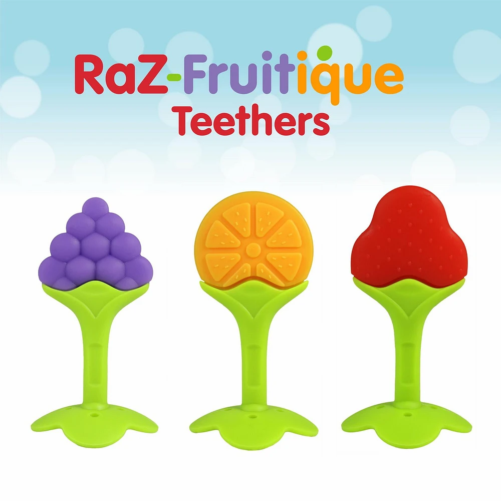 RaZbaby - Baby, Toddler - Fruitque 3 Pack Silicone Teether Set - Teething - Sensory - Non-Toxic, Age: 3 months+