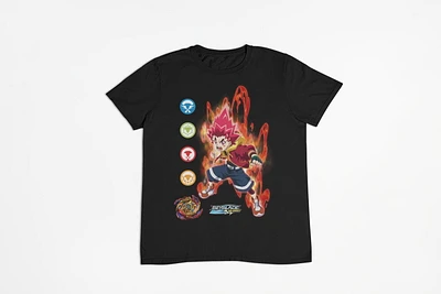 Beyblade T-shirt de base pour garçon. Ce t-shirt à col rond pour garçons a des manches courtes et un imprimé tendance et Tailles TP à TG