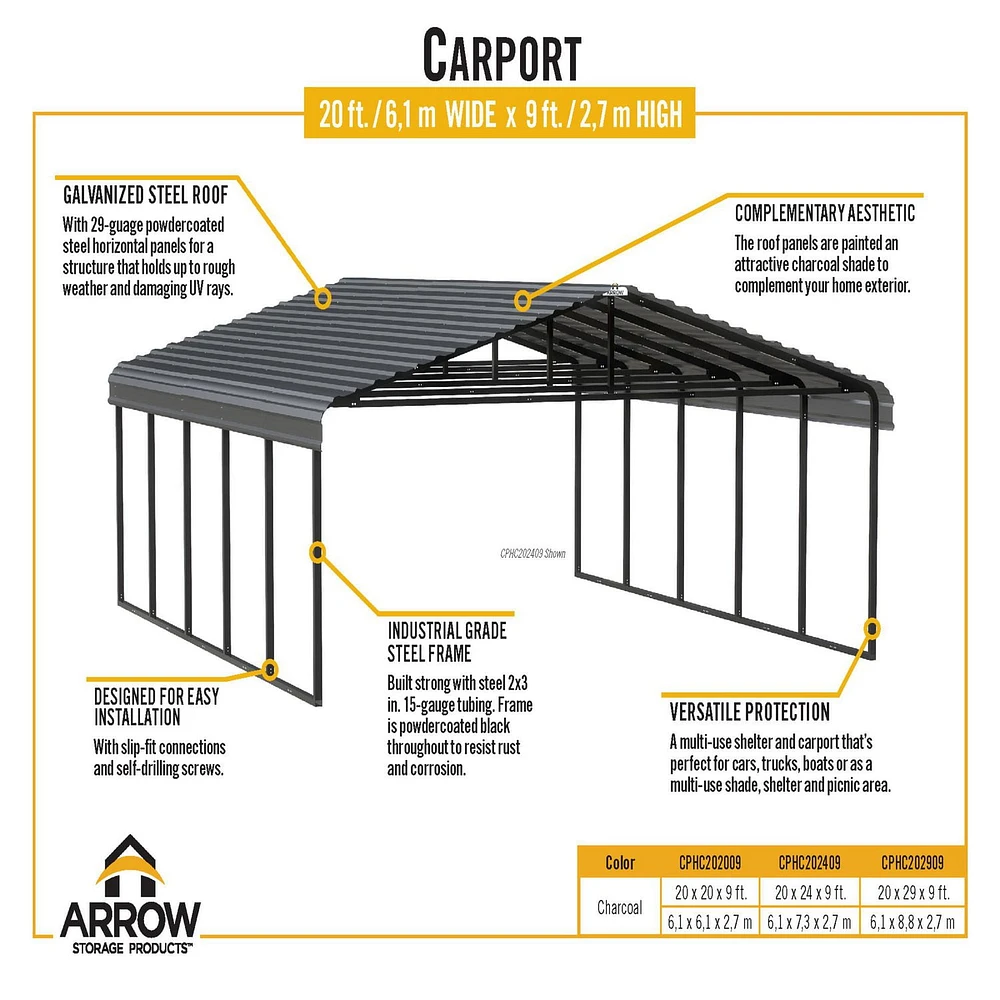 Arrow Carport 20 ft. x 24 ft. x 9 ft. Charcoal