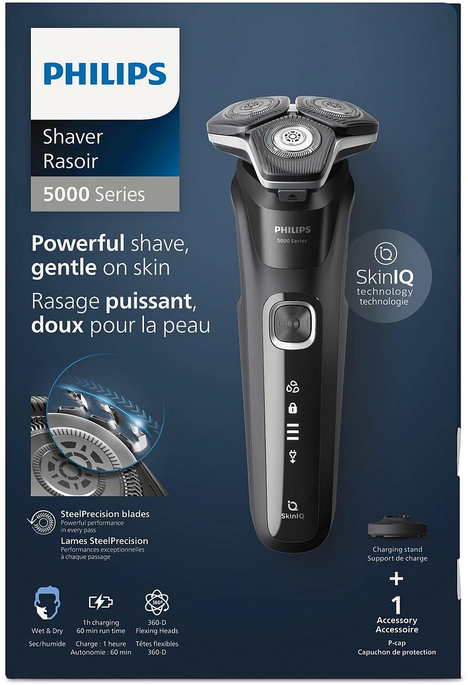 Rasoir Philips de série 5000 utilisable sur peau sèche ou humide avec base de recharge, S5898/25 Rasoir rotatif