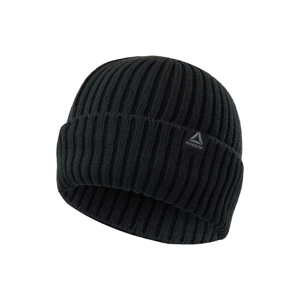 Men's Reebok ebony, 100% acrylic, rib knit beanie., Men's Reebok rib knit beanie