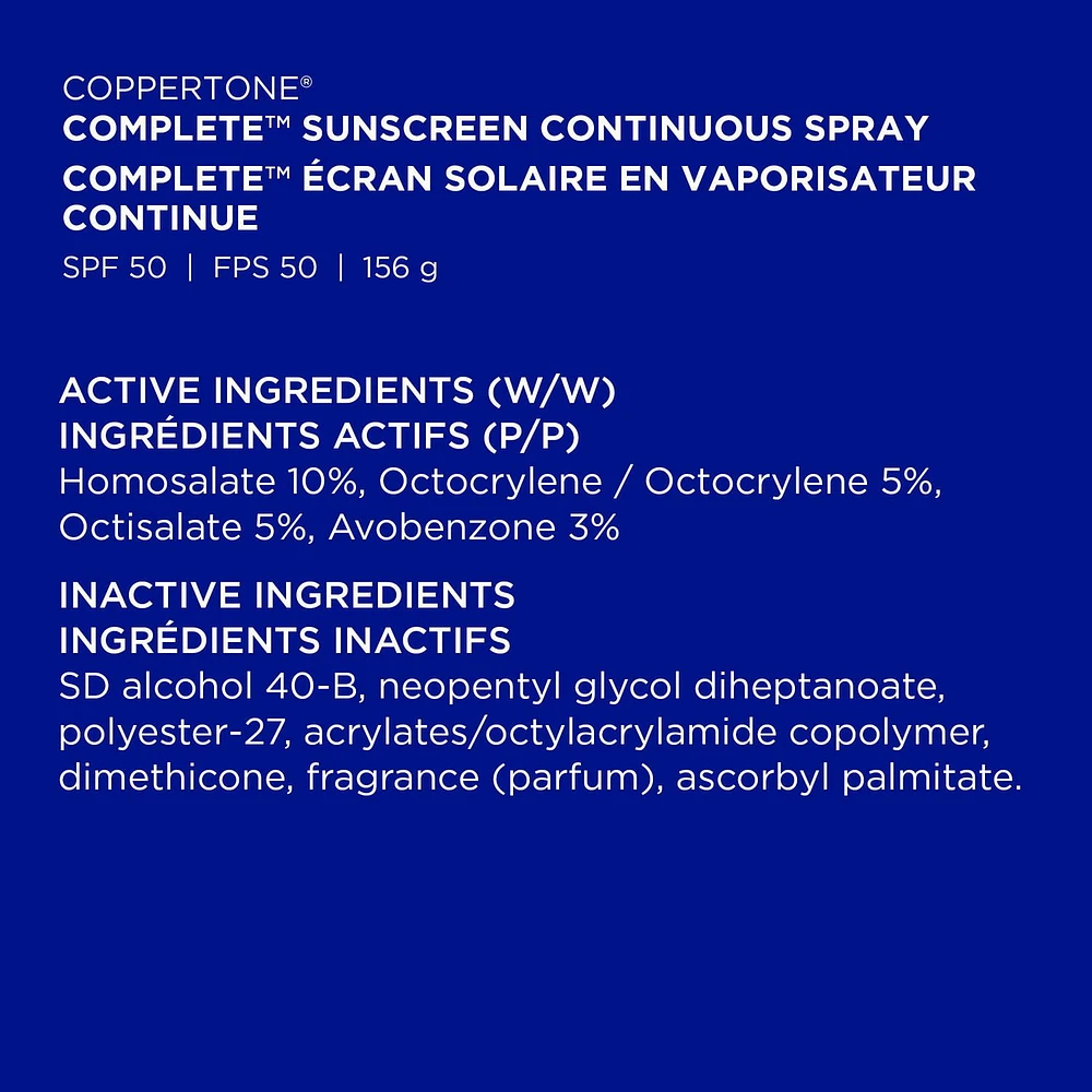 COPPERTONE Complete Écran Solaire en vaporisateur continue FPS 50 156g