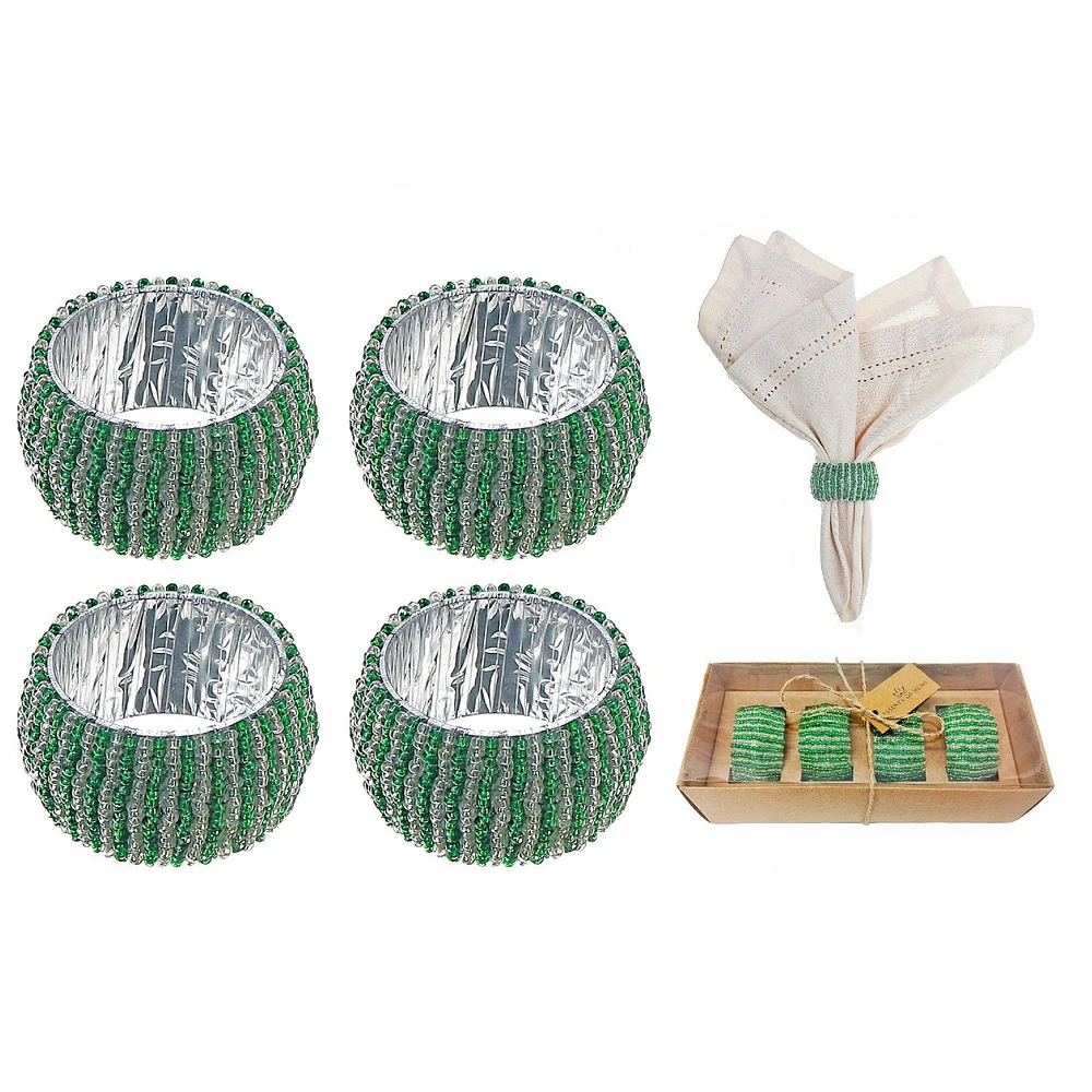 4PC Beaded Napkin Ring With Craft Box Green & Silver