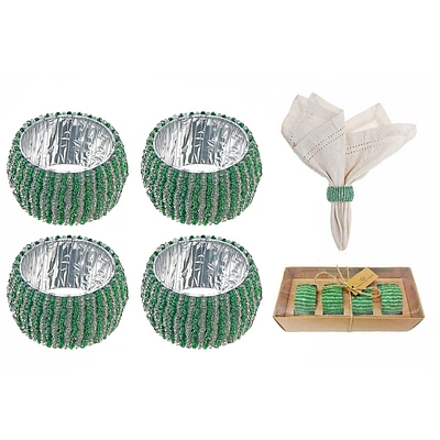 4PC Beaded Napkin Ring With Craft Box Green & Silver