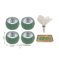 4PC Beaded Napkin Ring With Craft Box Green & Silver