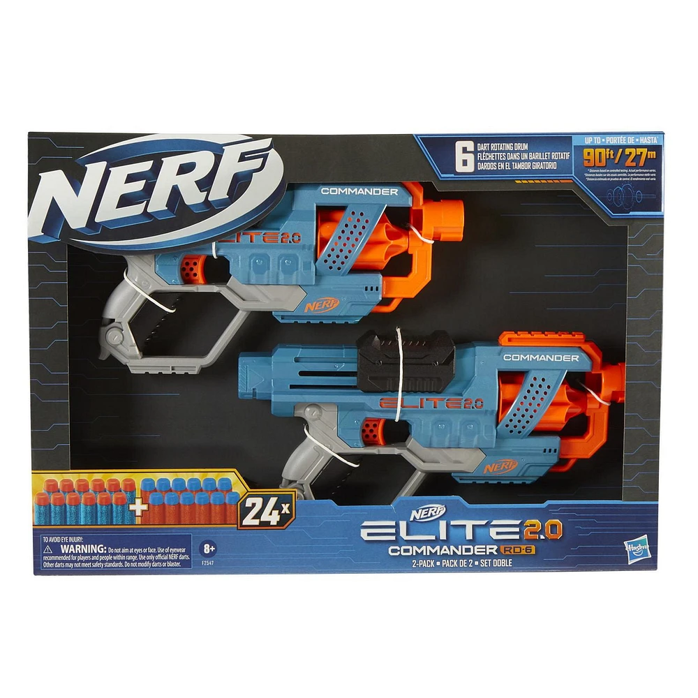 Nerf Elite 2.0 Commander RD-6 Blaster 2-Pack -- 2 Blasters, 24 Nerf Elite Darts -- 6-Dart Rotating Drum, Barrel and Stock Attachment Points