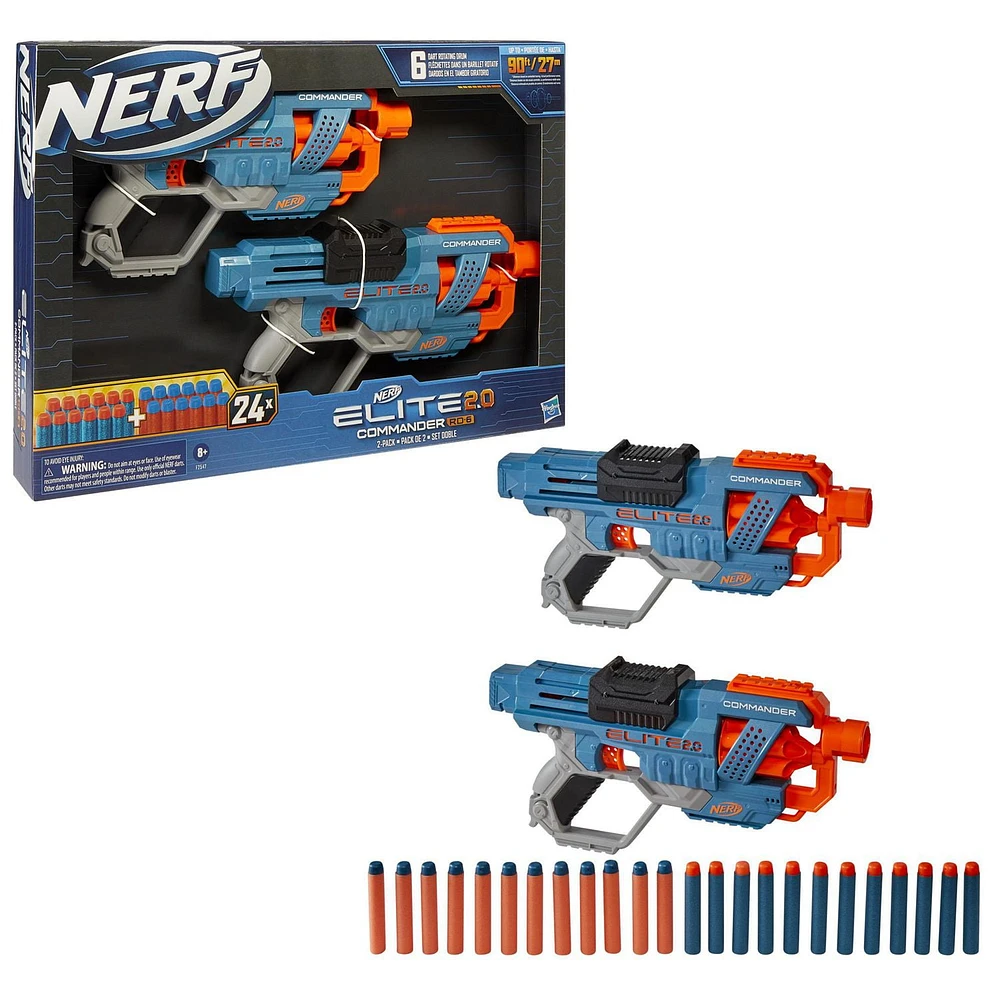 Nerf Elite 2.0 Commander RD-6 Blaster 2-Pack -- 2 Blasters, 24 Nerf Elite Darts -- 6-Dart Rotating Drum, Barrel and Stock Attachment Points