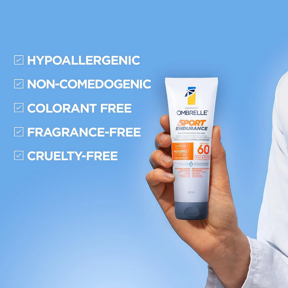 Garnier Ombrelle Sport Endurance Lotion solaire, SPF 30, Compacte à large spectre haute protection, résistante à l'eau et à la sueur, format voyage, hypoallergénique, non comédogène, 50ml
