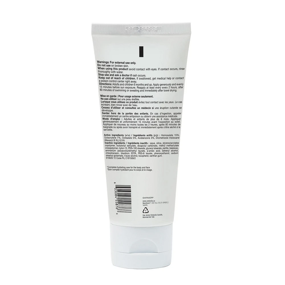 Garnier Ombrelle Écran solaire Complete Dry Touch FPS 60, visage et corps, peaux sensibles, résistant à l'eau, non gras, hypoallergénique, haute protection à large spectre UVA/UVB, 200 ml Écran solaire