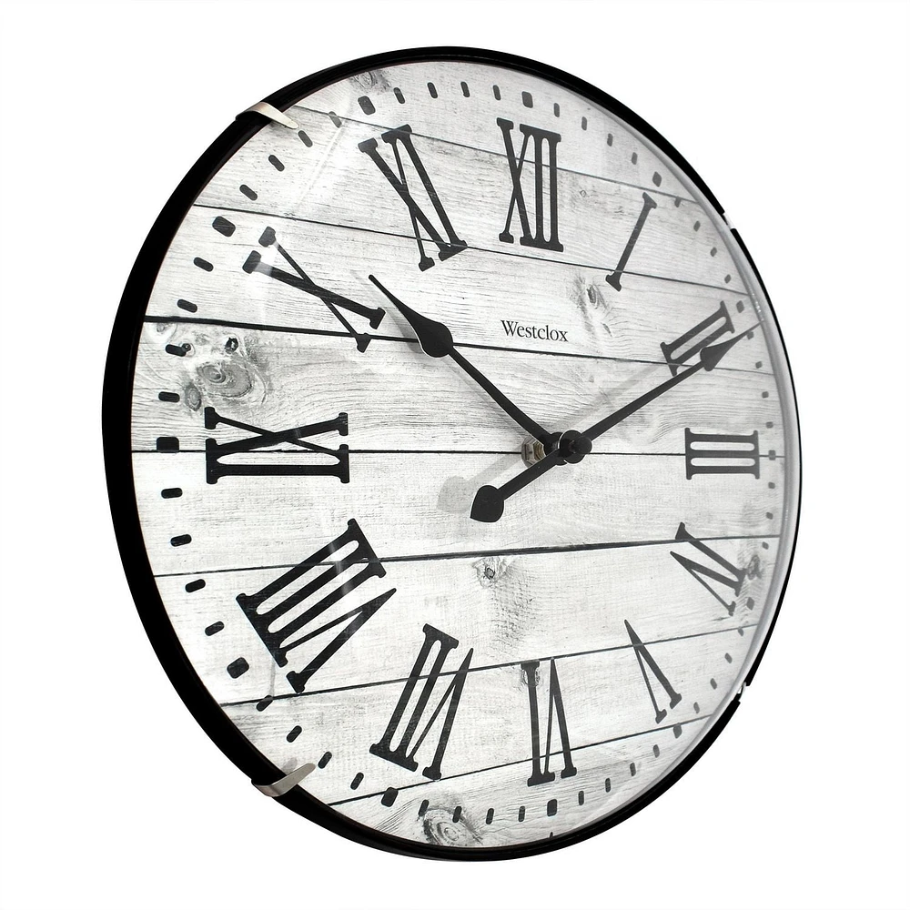 Westclox Large White Wash Woodgrain  Wall clock with Roman Numerals and Domed Glass, Woodgrain Wall Clock