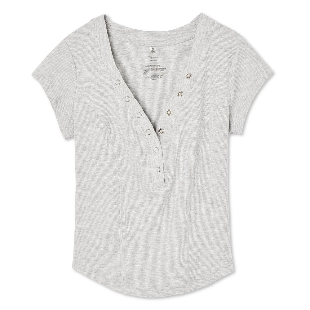 T-shirt côtelé à encolure Henley No Boundaries pour femmes Tailles TP–TTG