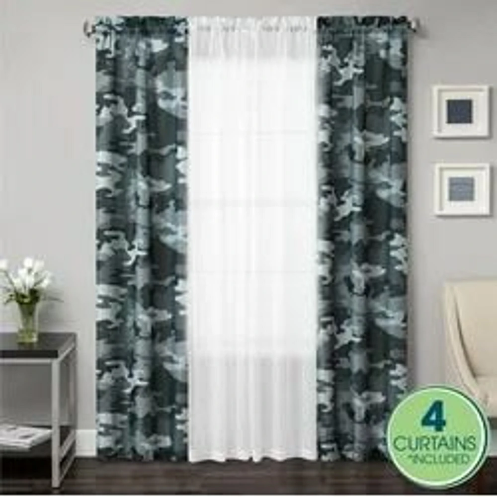 Your Zone 4 Piece Curtain Panel Set, 27.5" x 84" Gray Camo, 4-Panel Curtain Set