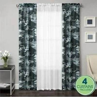 Your Zone 4 Piece Curtain Panel Set, 27.5" x 84" Gray Camo, 4-Panel Curtain Set