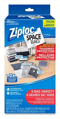 Ziploc Space Bag Vacuum Bags Variety Pack, 6 Bags (2 Medium, 2 Large, 1 Extra Large Flat bags, and 1 Travel bag), Provides protection - 6 bags