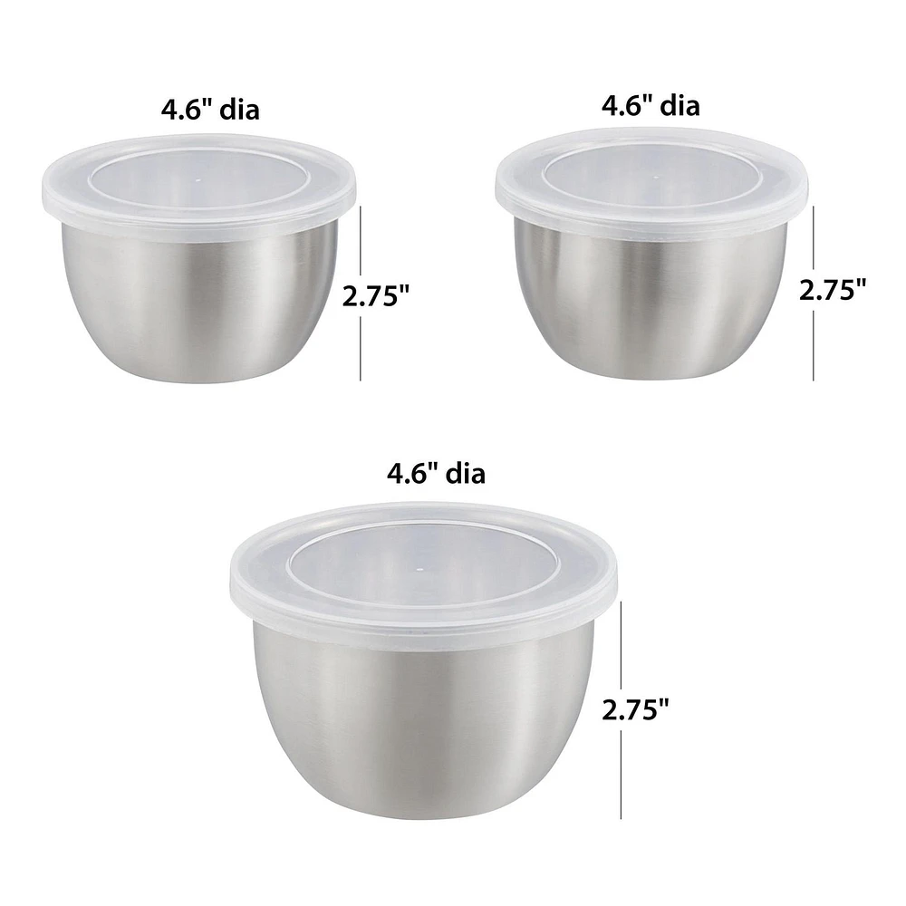 Mainstays 6-Piece Brushed Stainless Steel 2-Cup Prep Bowl with Lid, 3 Pack, MS 6P SS PREP BOWLS