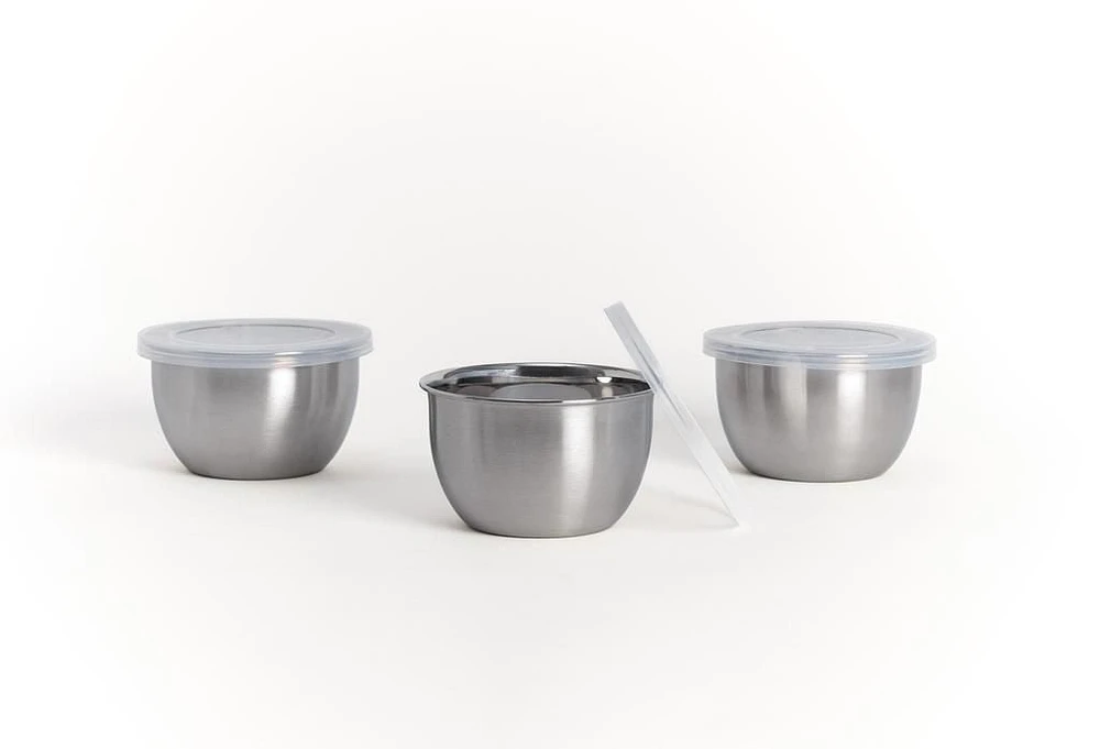 Mainstays 6-Piece Brushed Stainless Steel 2-Cup Prep Bowl with Lid, 3 Pack, MS 6P SS PREP BOWLS