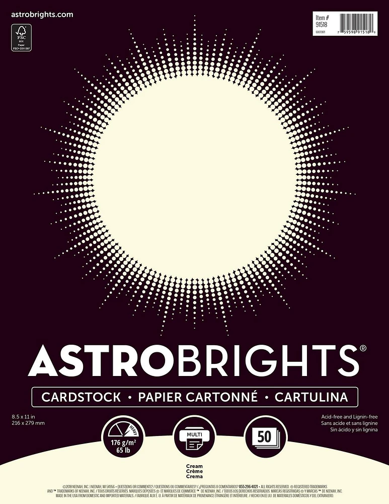 Astrobrights Cream Cardstock, 8.5” x 11”, 65 lb, 50 Sheets