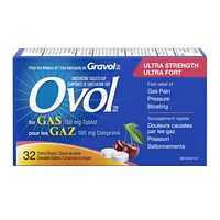 OVOL Ultra Strength 180mg Chewable, Cherry Flavour, 32, OVOL Ultra Strength cherry flavoured chewable tablets work quickly to break down trapped gas bubbles in the stomach and intestines providing fast relief of gas, pressure and bloating.