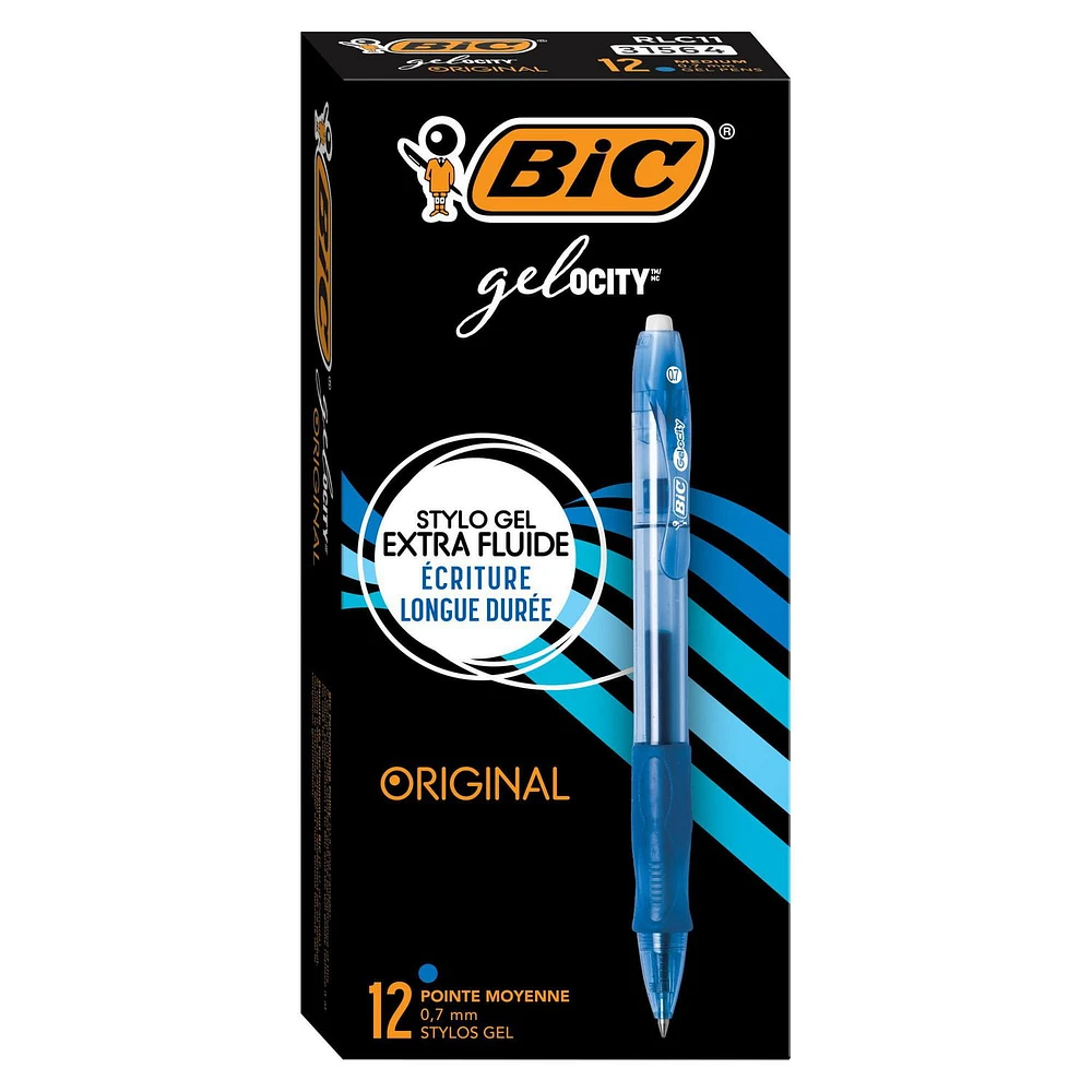 Stylos à encre gel bleue BIC Gelocity Original, pointe moyenne (0,7 mm), paquet de 12, stylos à encre gel rétractables avec prise confortable