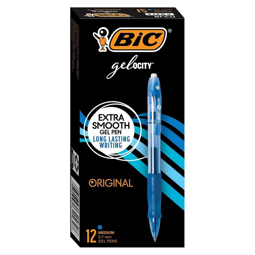 BIC Gelocity Original Blue Gel Pens, Medium Point (0.7 mm), 12-Count Pack, Retractable Gel Pens With Comfortable Grip