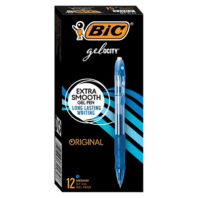 BIC Gelocity Original Blue Gel Pens, Medium Point (0.7 mm), 12-Count Pack, Retractable Gel Pens With Comfortable Grip