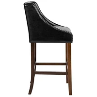 Carmel Series 30" High Transitional Tufted Walnut Barstool with Accent Nail Trim in Black Leather