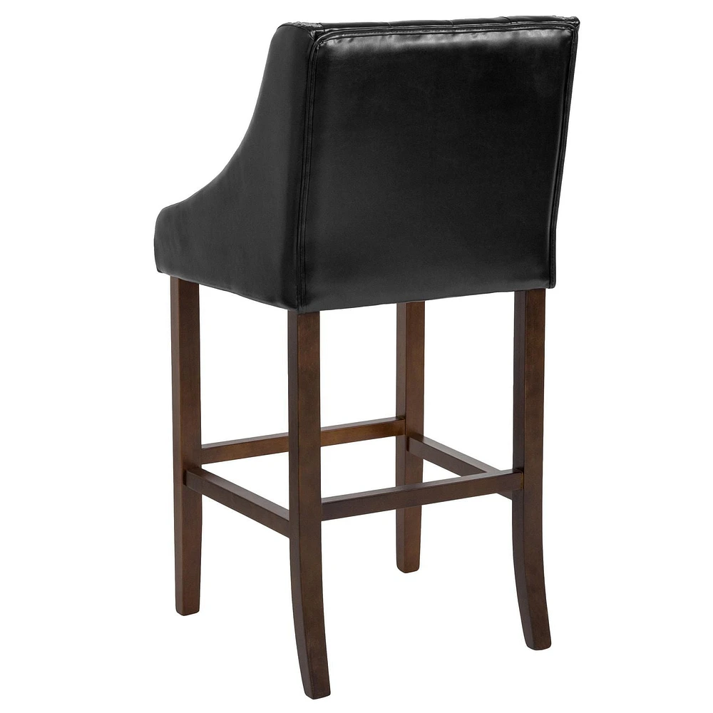 Carmel Series 30" High Transitional Tufted Walnut Barstool with Accent Nail Trim in Black Leather