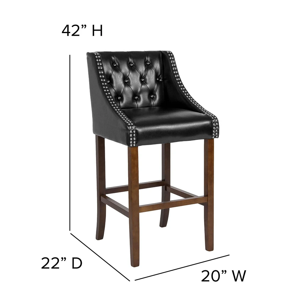 Carmel Series 30" High Transitional Tufted Walnut Barstool with Accent Nail Trim in Black Leather